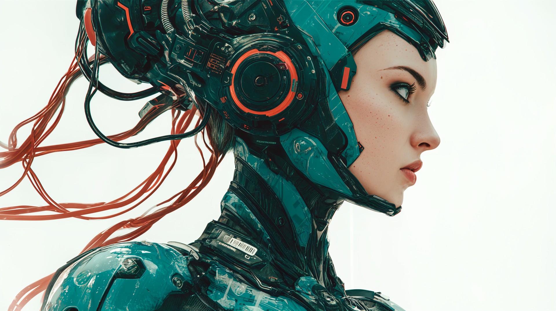 Sci-fi girl in teal cybernetic armor and helmet, red cables trailing from her head, profile portrait — 4K Ultra HD PC desktop wallpaper and background.