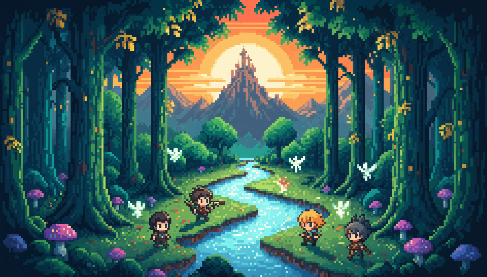 Anime forest 4K Ultra HD PC desktop wallpaper: pixel-art clearing with a winding river to a distant mountain, glowing sunset, tall trees, mushrooms, white birds and four small characters.