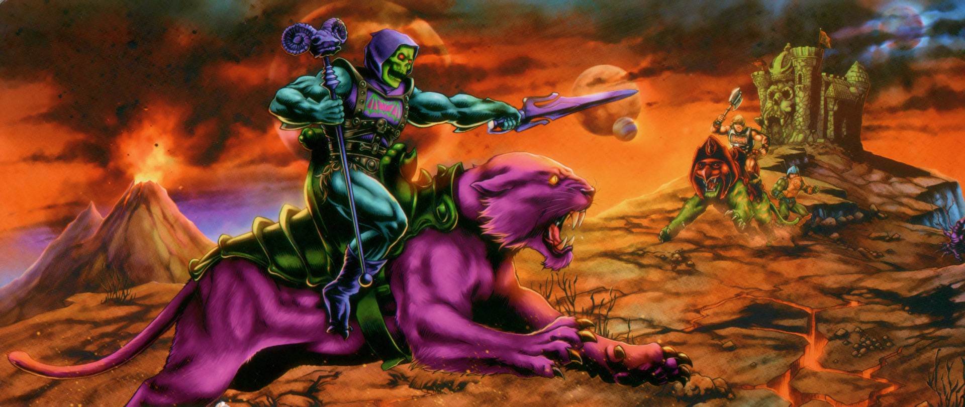 HD PC desktop wallpaper: Skeletor (MOTU/Masters of the Universe, Mattel) rides a snarling purple panther across a fiery wasteland, staff raised — He-Man's arch-enemy in dramatic pose.