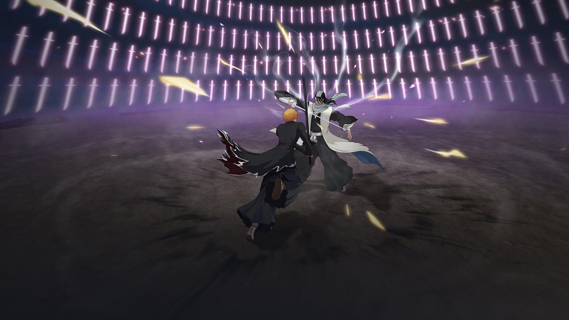 Two Shinigami clash in a glowing arena, one in black and one in white, energy petals swirling — HD PC desktop wallpaper and background from the mobile game Bleach: Soul Resonance.