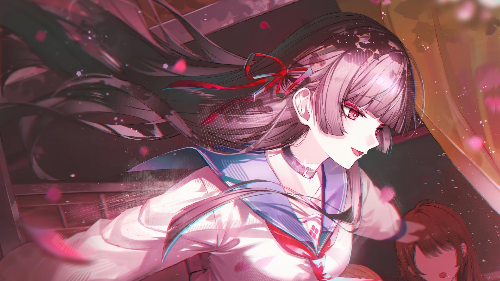 4K Ultra HD PC wallpaper of Chisa from video game Wuthering Waves: stylized anime portrait with flowing hair, school uniform and red ribbon against a moody, painterly background.