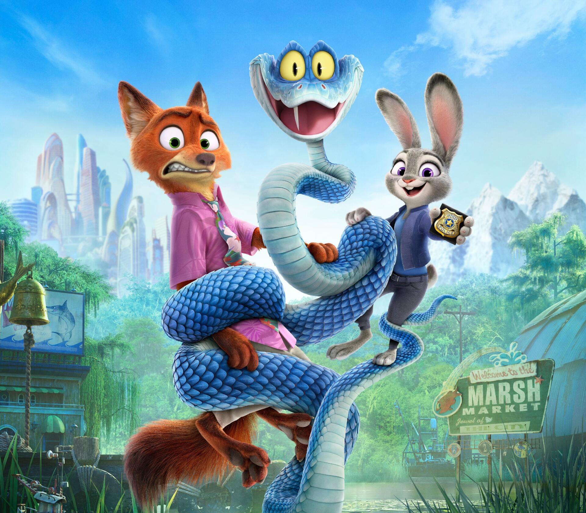 Zootopia 2 movie 2K Quad HD PC desktop wallpaper: Nick Wilde and Judy Hopps tangled in a large blue snake against a bright city-and-mountain skyline.
