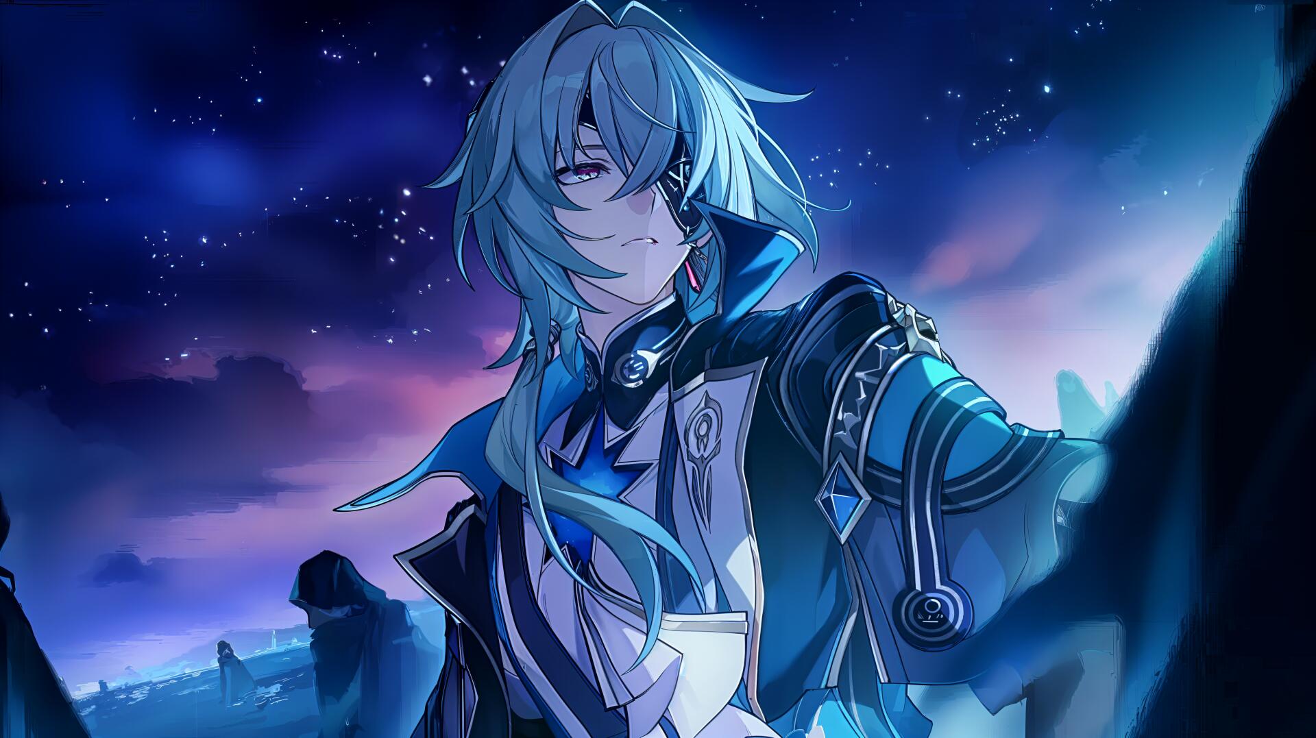 4K Ultra HD PC wallpaper of Anaxa from the video game Honkai: Star Rail — teal-haired character in an ornate jacket on a starlit rocky shore beneath a blue–purple night sky.