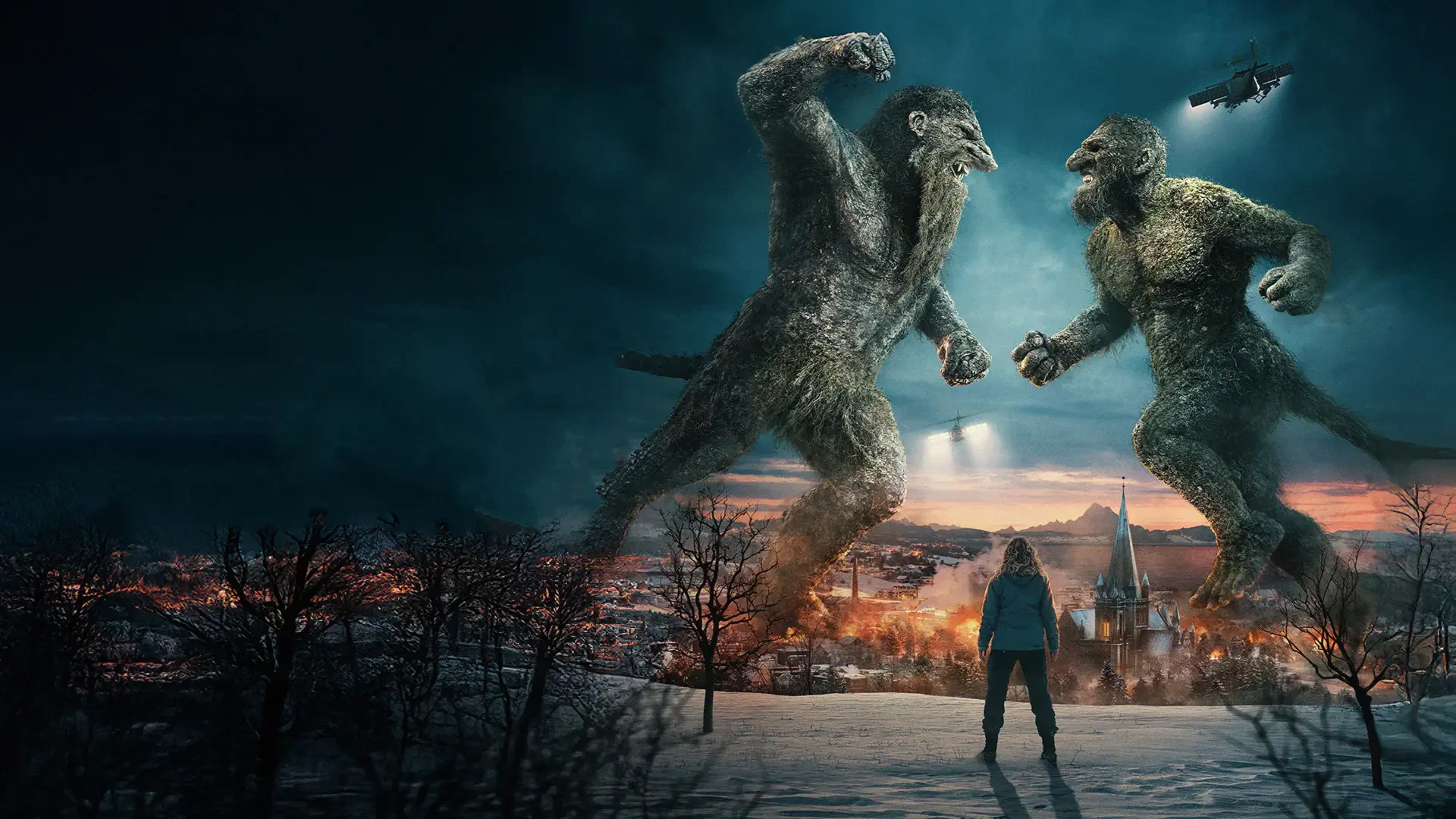Troll 2 4K Ultra HD PC desktop wallpaper: two towering trolls clash over a lit village while a lone figure watches from a snowy ridge beneath a stormy sky.