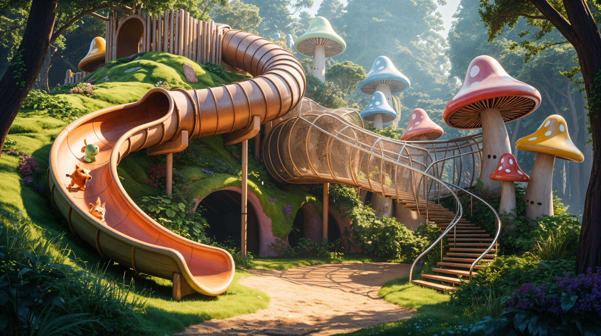 Whimsical mushroom playground with twisting copper slide, glass tube walkway and stairs in a sunlit forest — 4K Ultra HD PC desktop wallpaper/background.