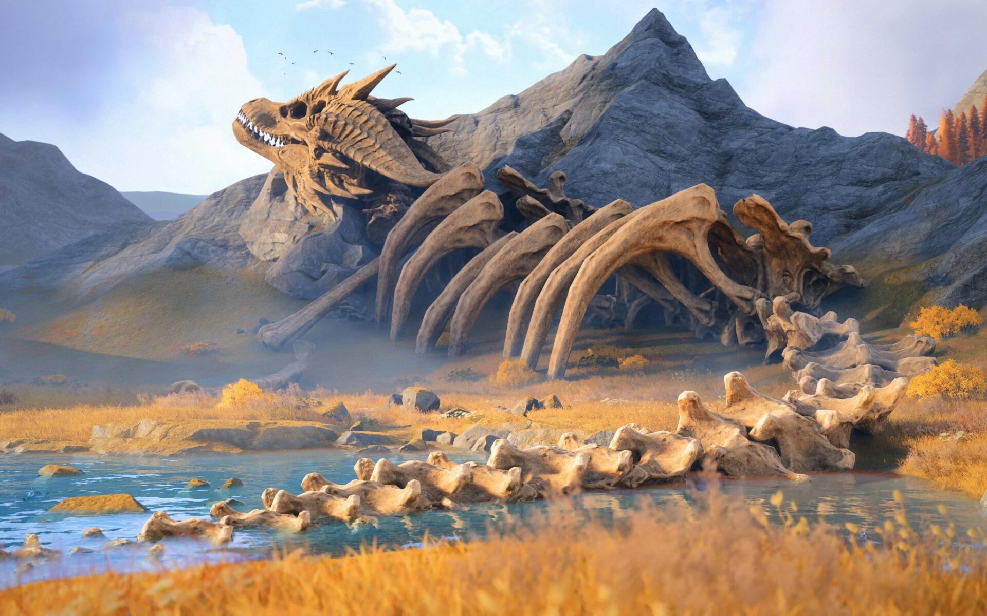 Infinity Nikki video game concept art — HD PC desktop wallpaper and background: colossal skeleton dragon's ribcage sprawls across an autumn plain beside a reflective pool.