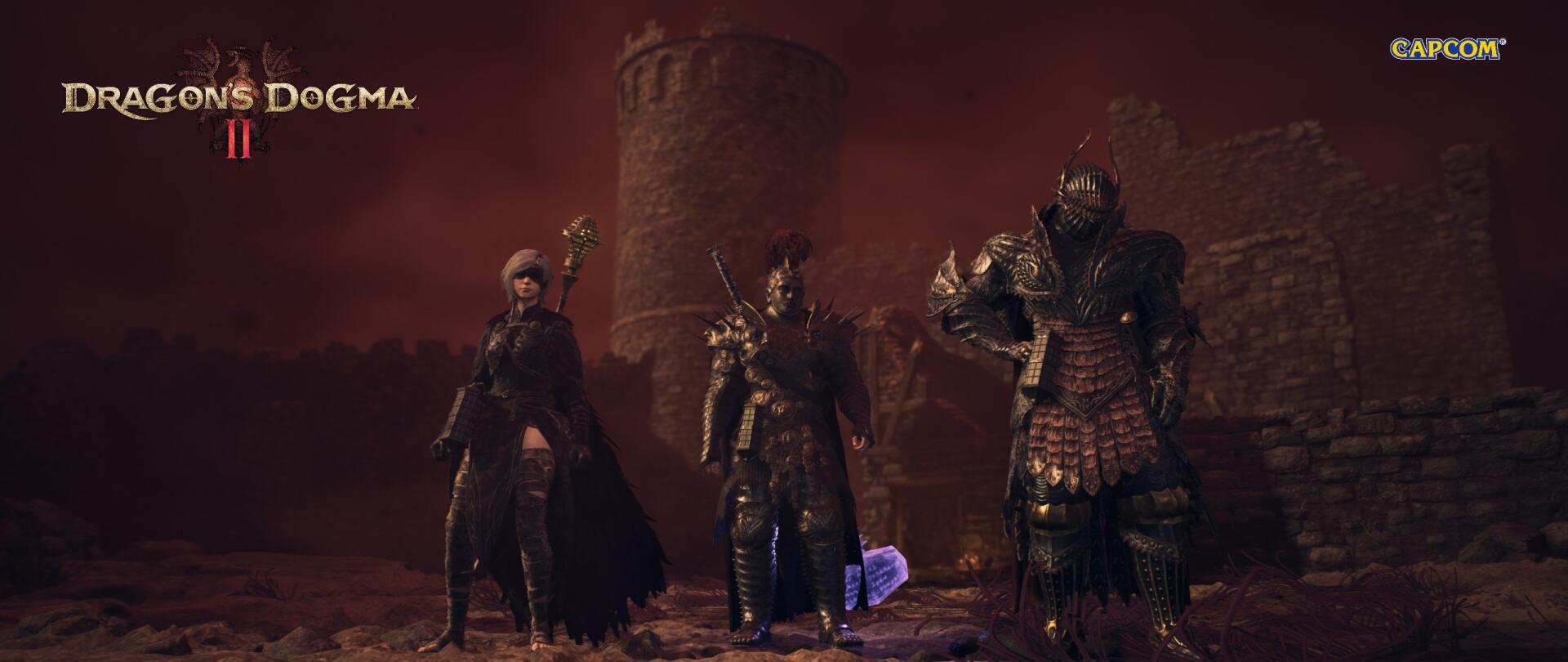 HD PC desktop wallpaper/background from the video game Dragon's Dogma 2: three armored warriors stand before ruined castle towers under a blood-red sky.