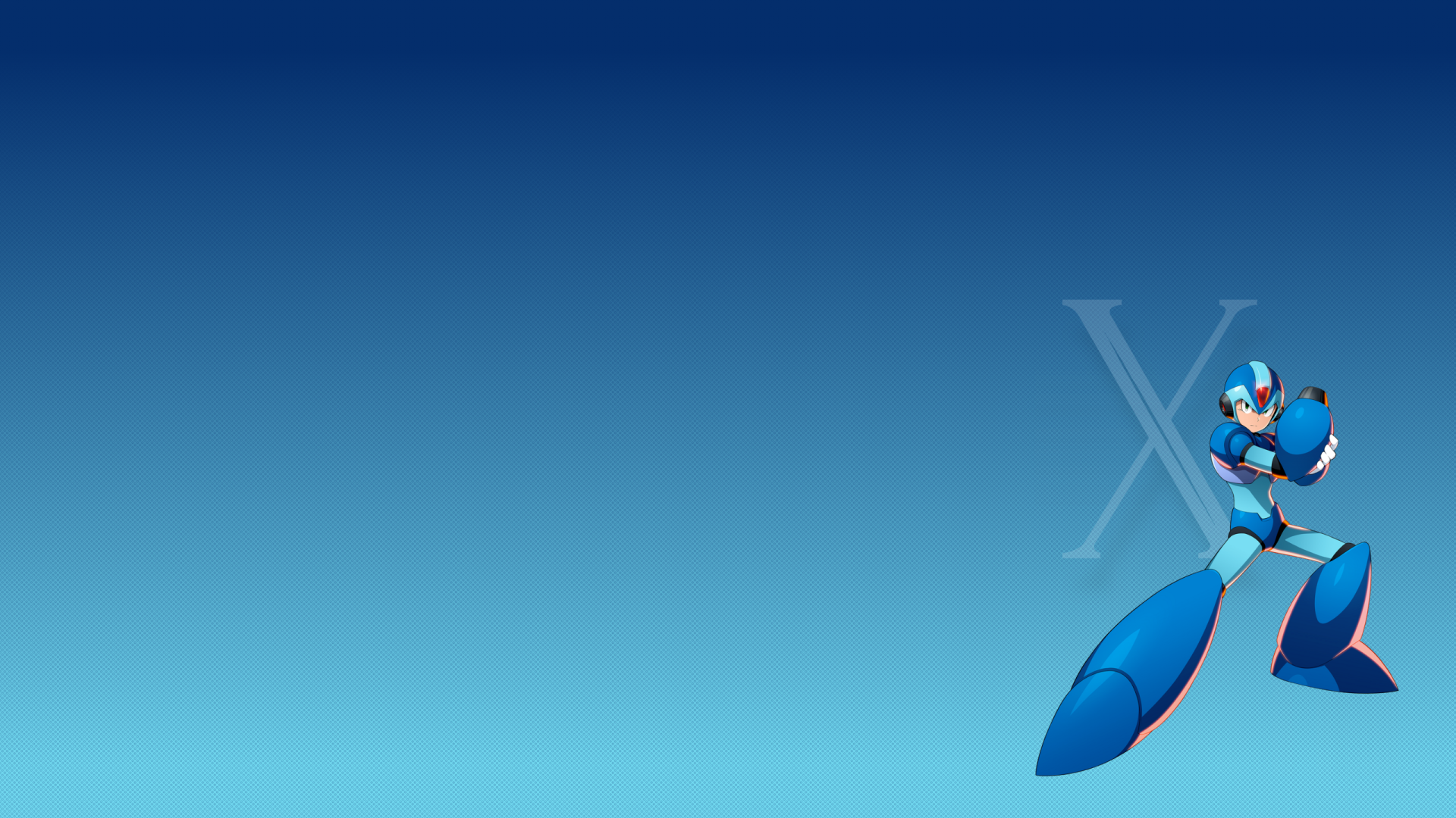 Blue Mega Man X artwork on a minimalist gradient background, Retro Games 2K Quad HD PC desktop wallpaper with Mega Man X figure at lower-right and a faint 'X' logo.