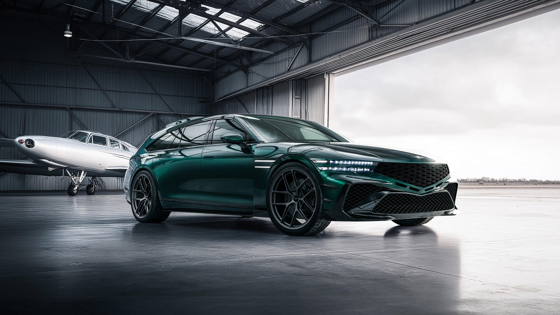 Green Genesis G90 parked in an aircraft hangar with glossy finish and sporty wheels, 4K Ultra HD PC desktop wallpaper background.