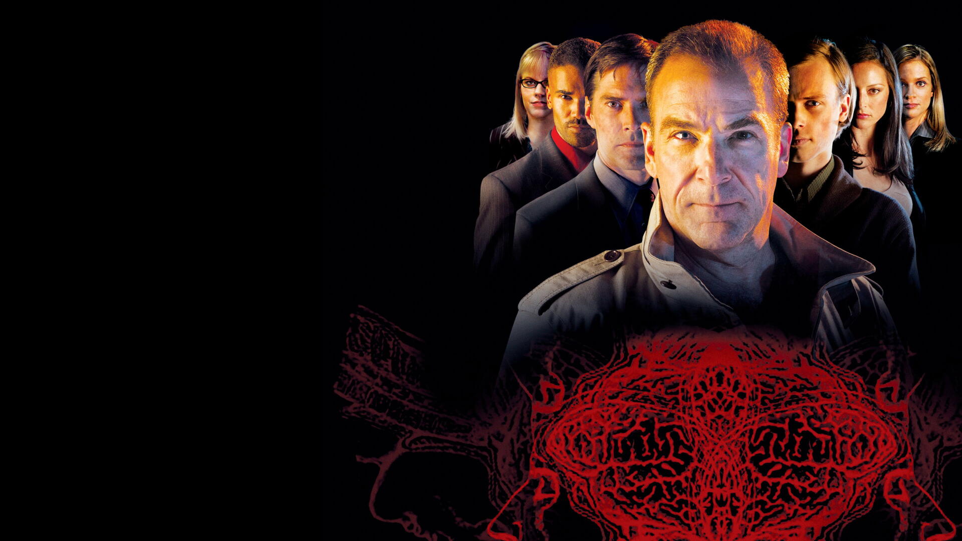 Criminal Minds 4K Ultra HD PC desktop wallpaper: moody team lineup on a black background with a red anatomical skull motif.