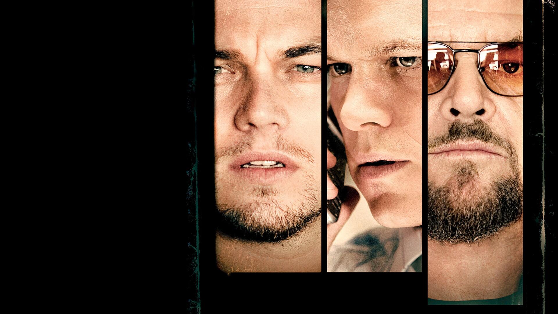 Poster-style 4K Ultra HD PC desktop wallpaper for The Departed: three close-up male faces in narrow vertical panels against a dark background, intense, cinematic composition.