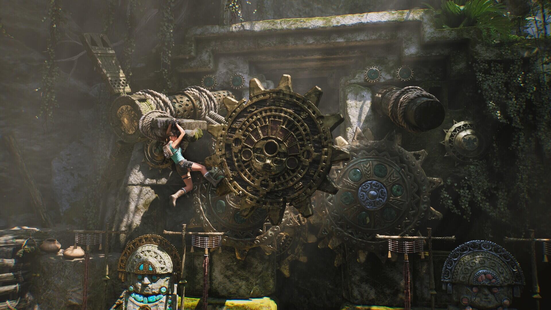 HD PC desktop wallpaper of the video game Tomb Raider: Legacy of Atlantis featuring Lara Croft swinging across a massive ancient gear amid an overgrown temple ruin.