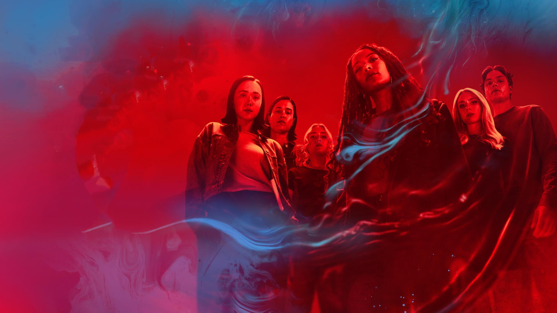 Gen V ensemble amid swirling red and blue smoke, dramatic 4K Ultra HD PC desktop wallpaper and background.