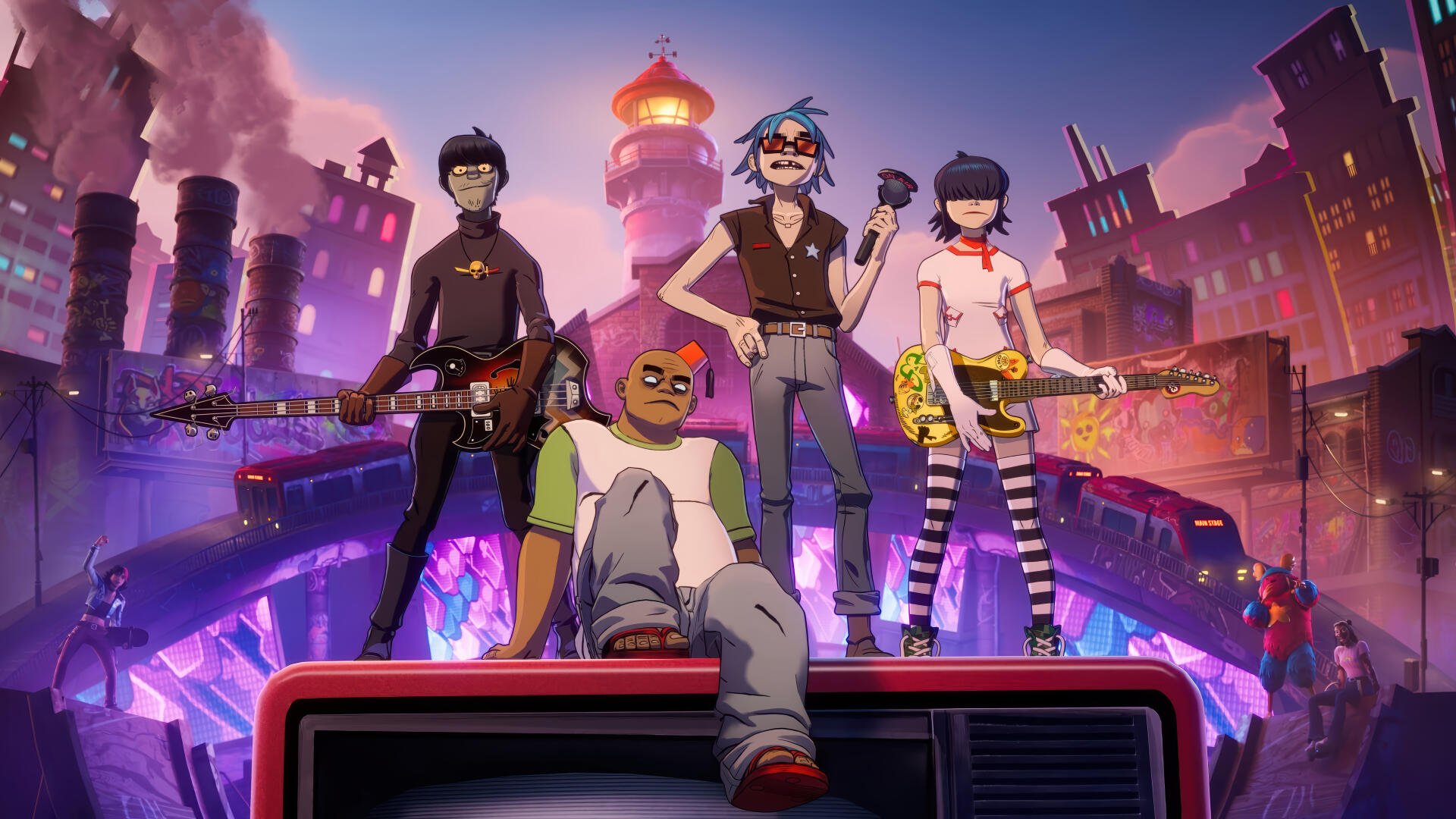Illustration of the Gorillaz band posed on a car against a neon city and lighthouse at dusk — 4K Ultra HD music band PC desktop wallpaper and background.