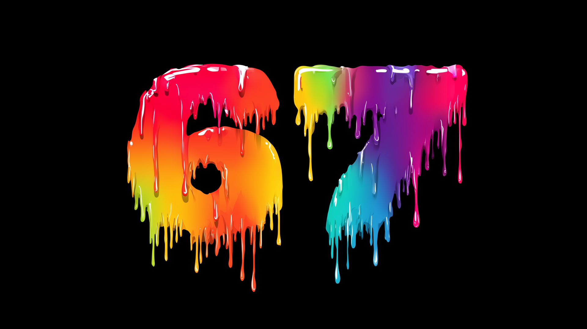 Meme-style 2K Quad HD PC desktop wallpaper: rainbow paint drips forming the number 67 against a black background.