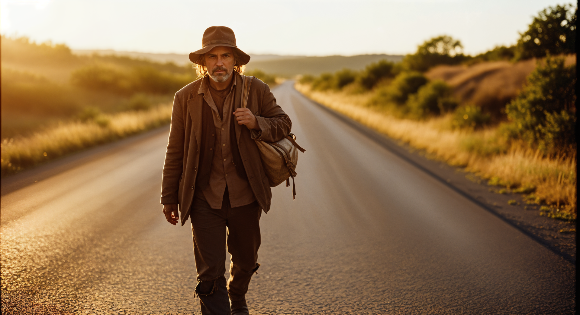 Vagabond walking along an empty sunlit road at golden hour — 4K Ultra HD PC desktop wallpaper and background.
