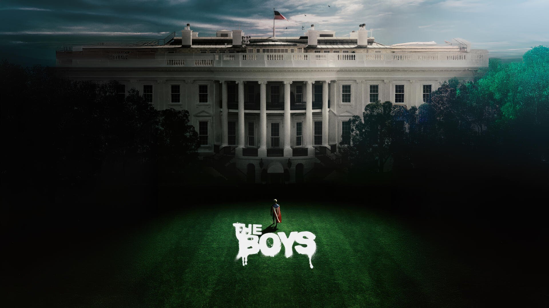 The Boys (2019) 4K Ultra HD PC desktop wallpaper: lone figure on a dark lawn before the White House, the series logo illuminated on the grass.