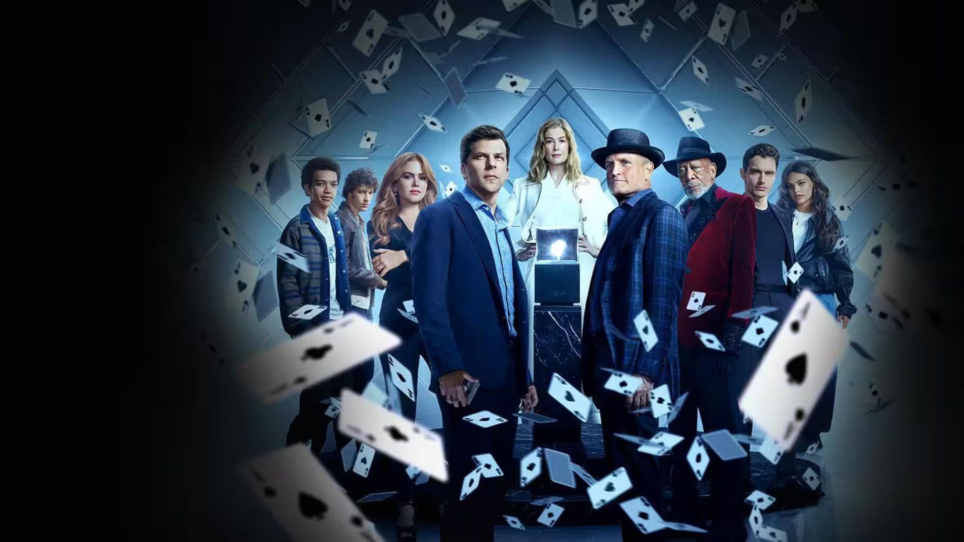 Group of illusionists in a blue-lit tunnel as playing cards swirl around — Now You See Me: Now You Don't HD PC desktop wallpaper and background