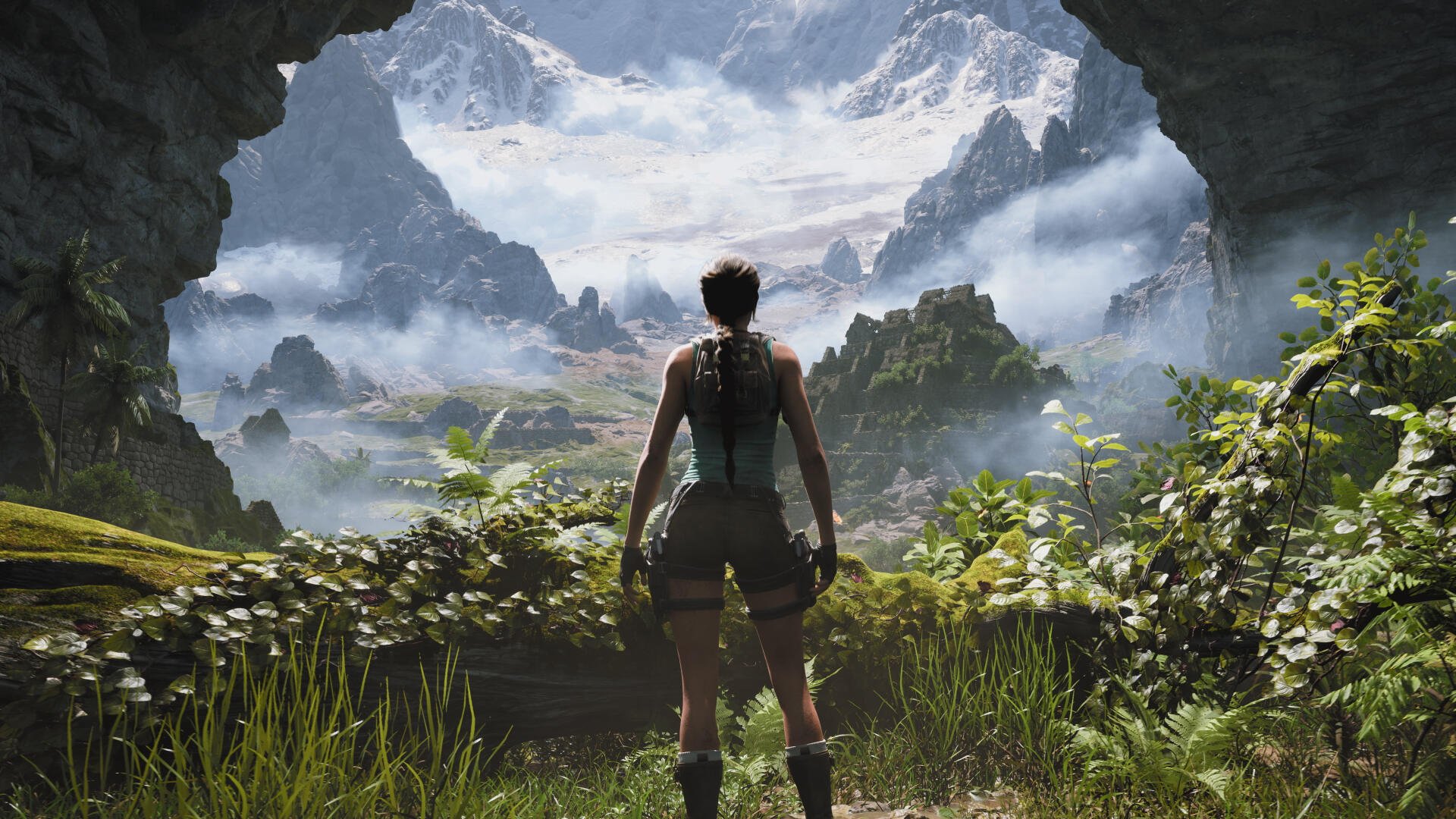 Tomb Raider: Legacy of Atlantis 4K Ultra HD PC desktop wallpaper and background — Lara Croft stands at a cave opening, gazing over misty mountains, ancient ruins and lush greenery.