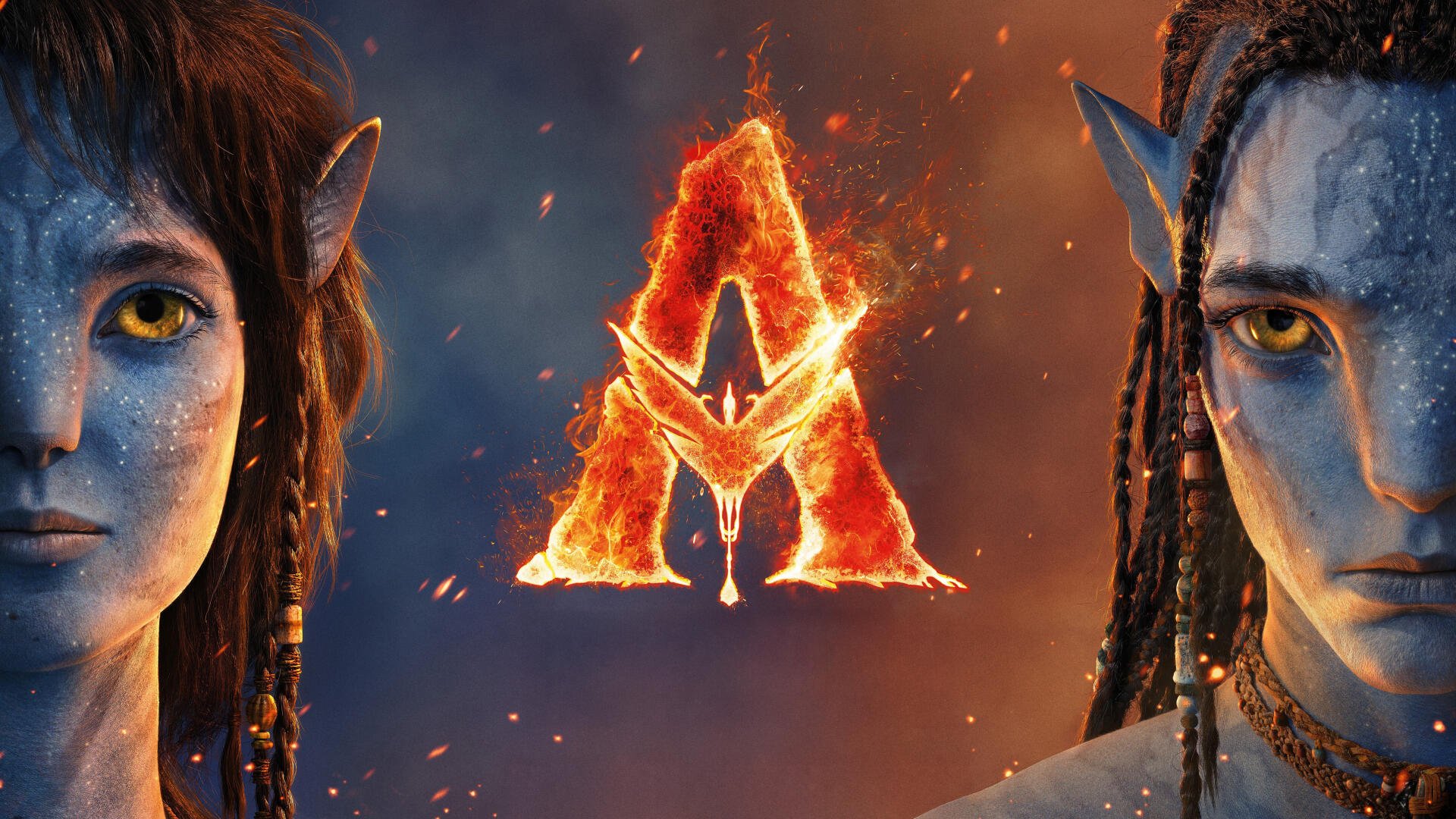 Avatar: Fire and Ash 5K Ultra HD PC wallpaper — two blue Na'vi faces flank a blazing fiery A emblem amid smoke and ember sparks.