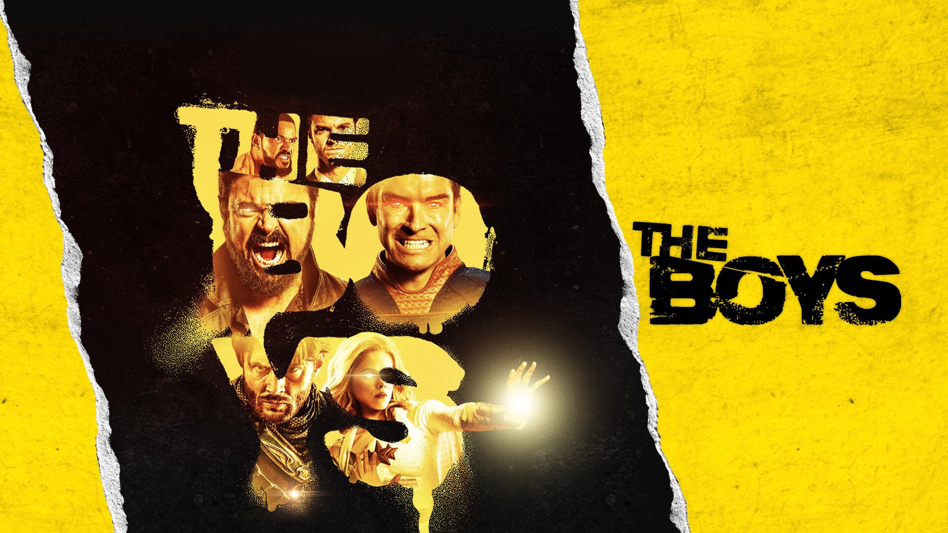 The Boys (2019) 4K Ultra HD PC desktop wallpaper: torn yellow-and-black design with bold title and a fiery collage of the show's brutal, superpowered characters.