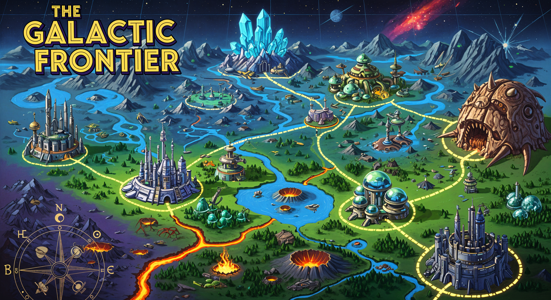 4K Ultra HD PC desktop wallpaper of a vibrant sci‑fi map titled The Galactic Frontier — glowing rivers, alien cities, crystal peaks and volcanic chasms beneath a starry nebula.