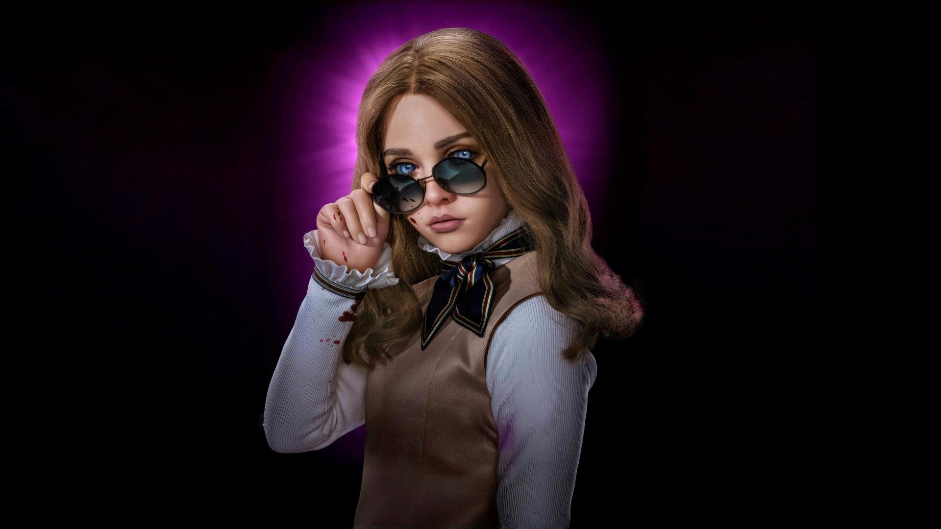 M3GAN 2.0: stylized doll-like android in sunglasses and school uniform, purple halo glow behind her — 4K Ultra HD PC desktop wallpaper and background.
