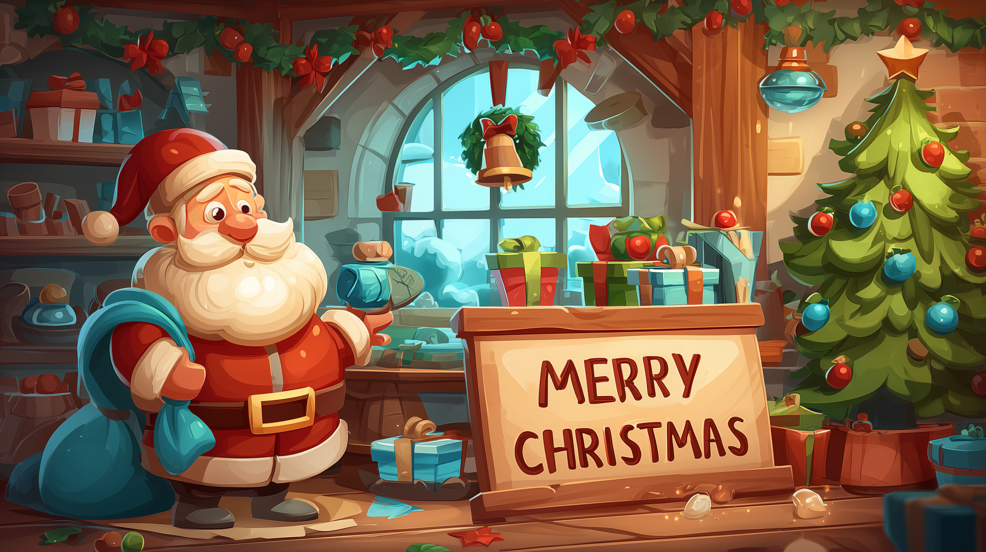 Cartoon Santa Claus in a cozy workshop with gifts, a Christmas tree and a Merry Christmas sign — 2K Quad HD PC desktop wallpaper/background.
