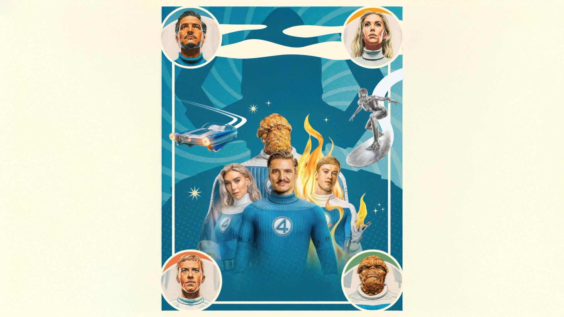 The Fantastic Four: First Steps — 4K Ultra HD PC desktop wallpaper showing Mr. Fantastic center, Invisible Woman, Human Torch ablaze, The Thing and Silver Surfer in a stylized cosmic blue frame.