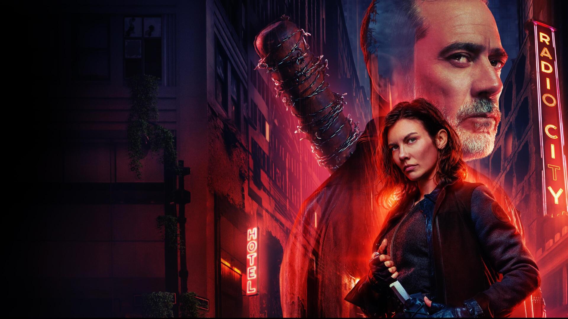 The Walking Dead: Dead City 4K Ultra HD PC wallpaper: two wary survivors back-to-back amid a neon-lit ruined city, a barbed-wire baseball bat silhouette and smoldering red glow.