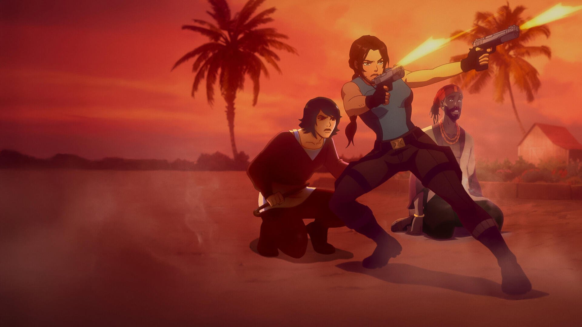 HD PC desktop wallpaper and background: Tomb Raider — The Legend of Lara Croft featuring Lara Croft aiming a pistol at sunset on a palm‑lined beach with two companions.