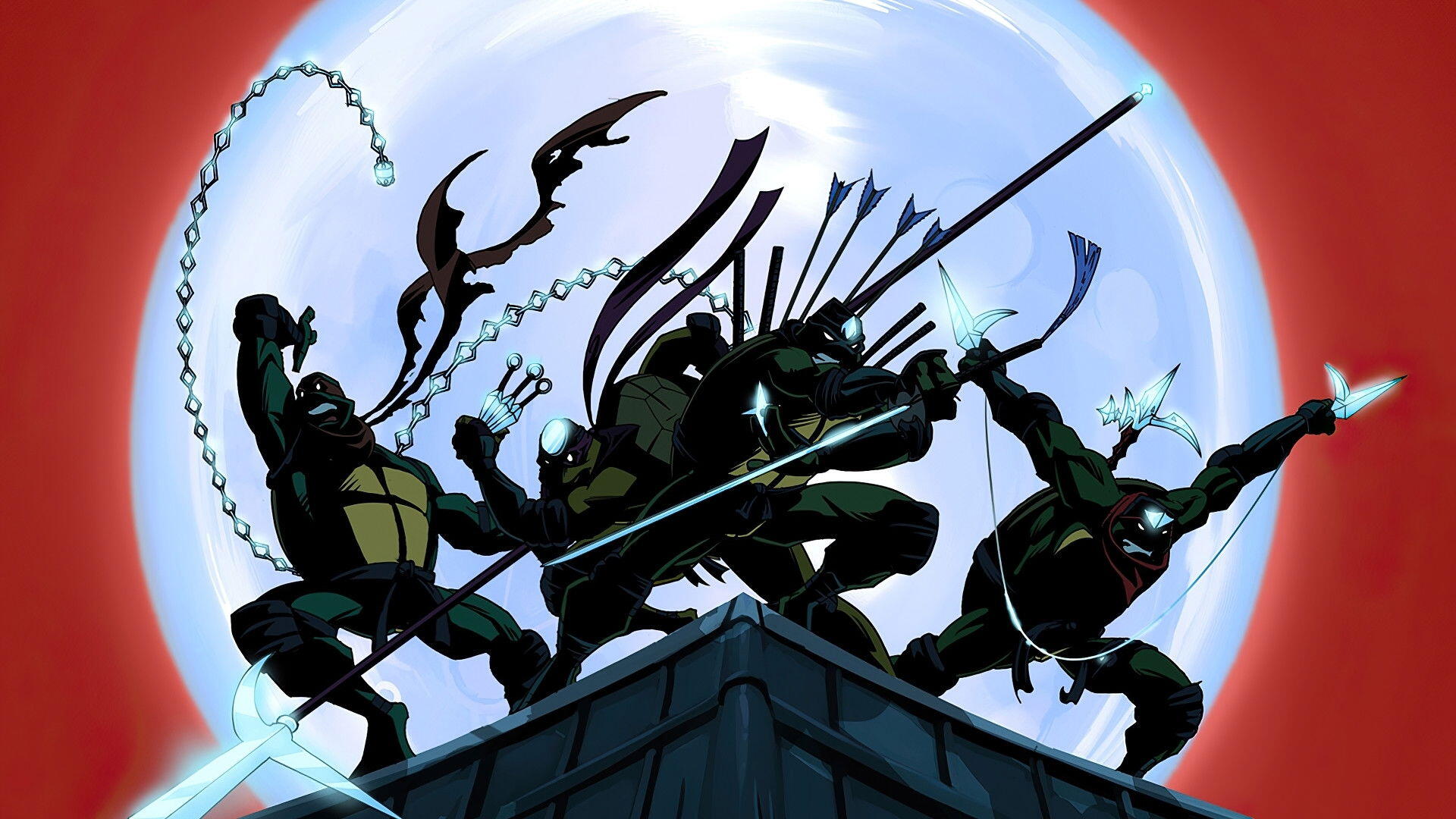 Teenage Mutant Ninja Turtles (2003) HD PC desktop wallpaper/background: four Turtles silhouetted on a rooftop, moonlit sky and red halo behind them, weapons poised for action.
