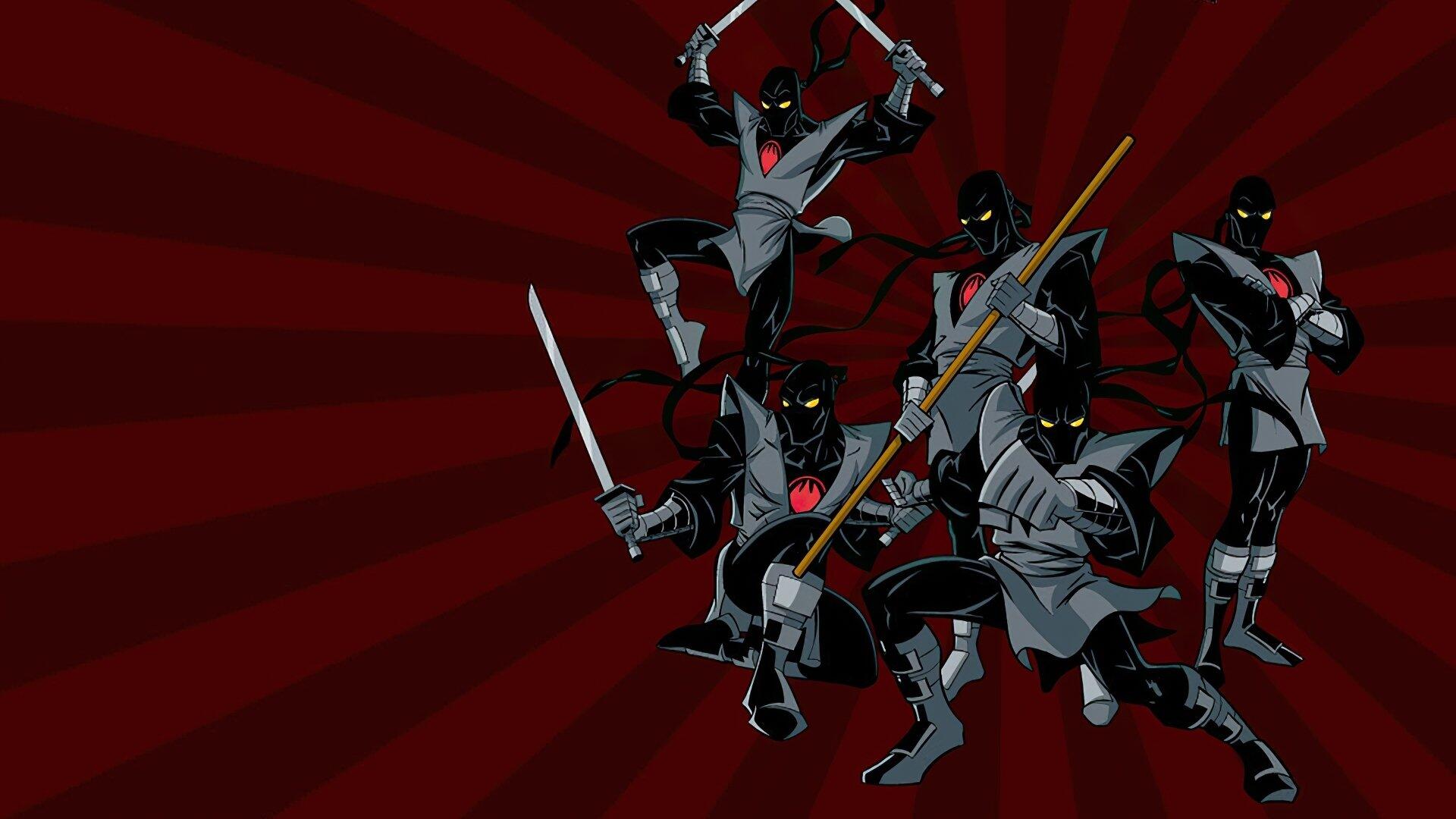 Teenage Mutant Ninja Turtles (2003) HD PC desktop wallpaper: four black‑clad ninjas wielding swords and a bo staff posed against a red radial background.