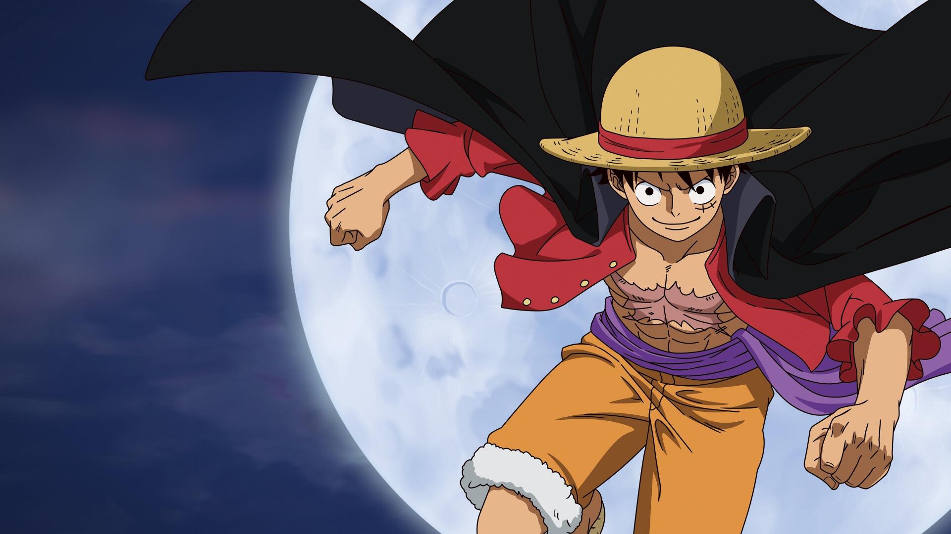 One Piece 4K Ultra HD PC desktop wallpaper and background: Monkey D. Luffy in his straw hat and open red shirt, cape billowing as he leaps before a glowing full moon.
