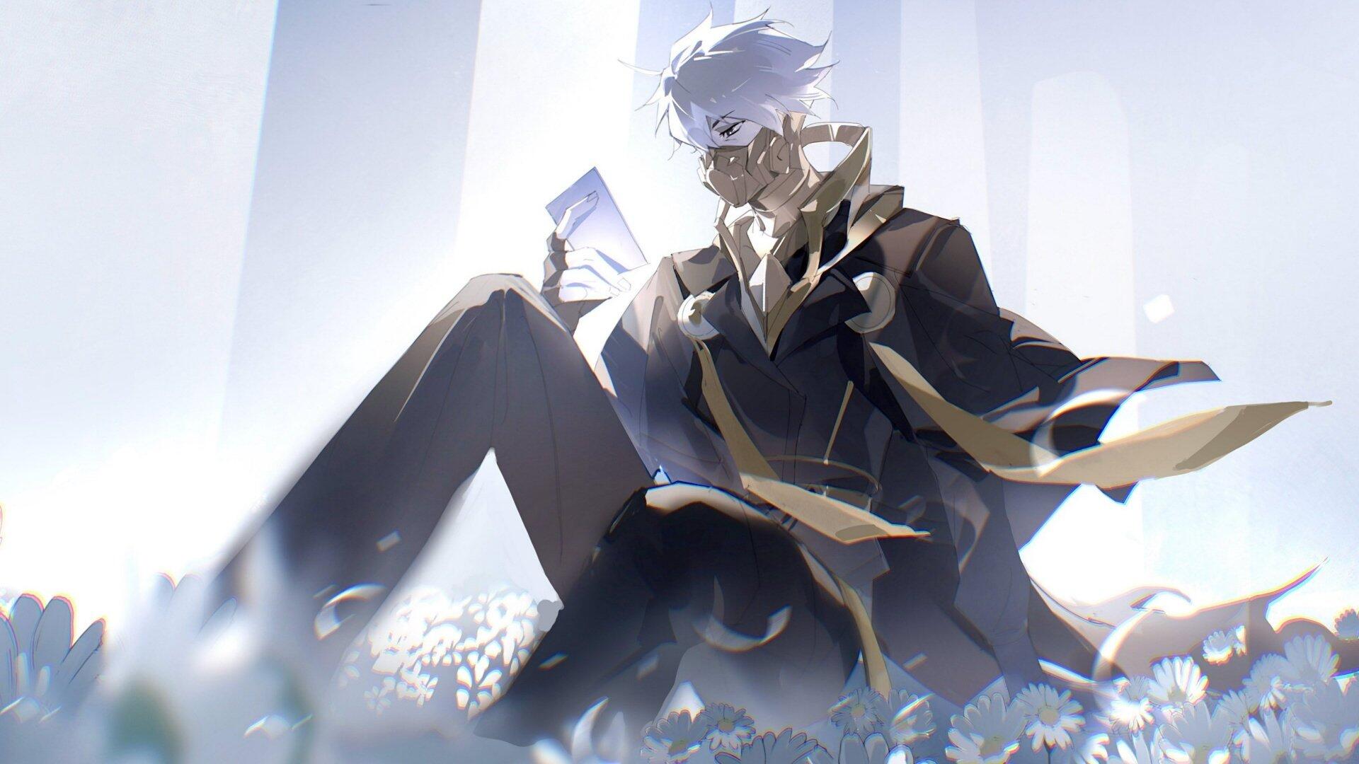 To Be Hero X HD PC Desktop Wallpaper and Background: white-haired figure in gold-trimmed coat sits among glowing flowers, holding a card as shafts of light stream down.