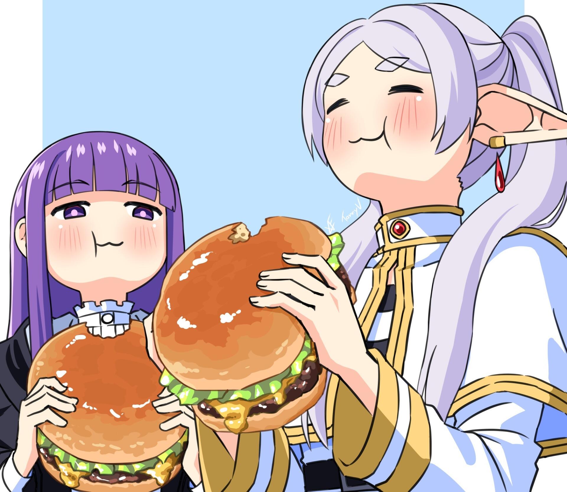 Anime HD PC desktop wallpaper of Frieren and Fern from Frieren: Beyond Journey's End, cheeks puffed as they enjoy oversized burgers.