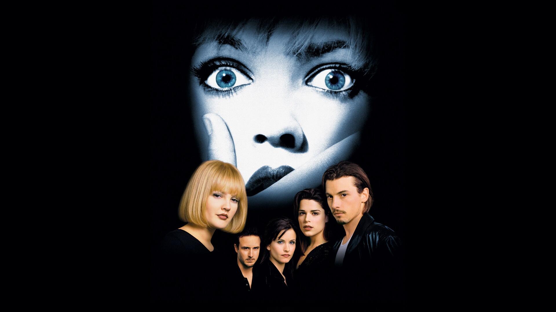 Scream (Movie) 4K Ultra HD PC desktop wallpaper: a large pale, wide-eyed female face looming over five cast members set against a stark black background.