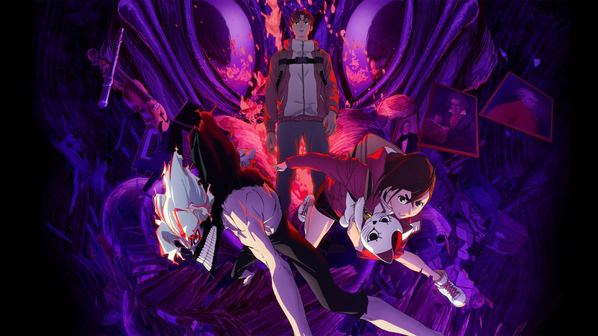 Dandadan 4K Ultra HD PC desktop wallpaper/background: two protagonists and a masked figure leap through swirling purple-red energy beneath looming eyes.