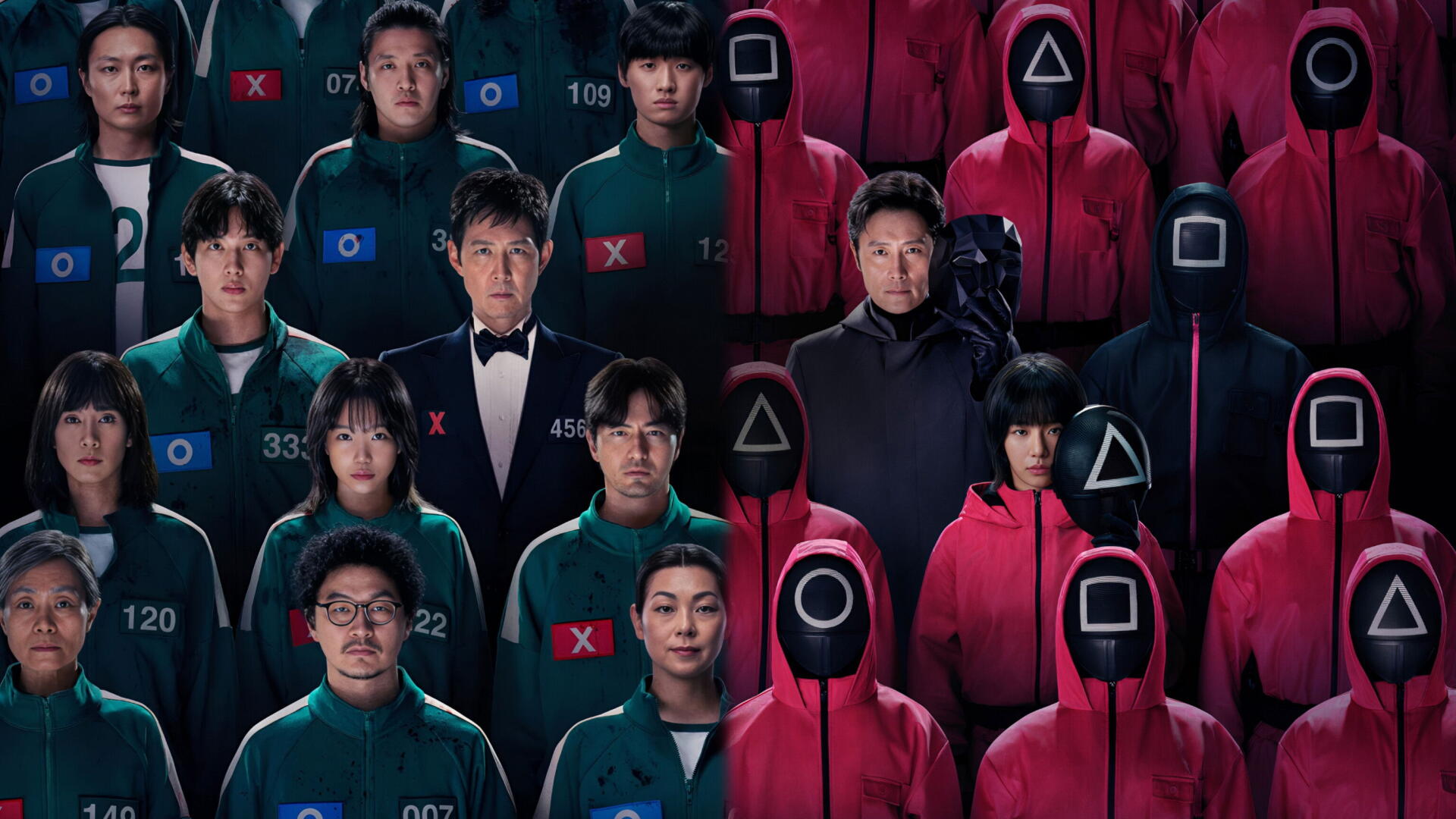 Squid Game 2K Quad HD PC desktop wallpaper — green‑tracksuit contestants and red‑hooded guards with circle, triangle, square masks on a dark background.
