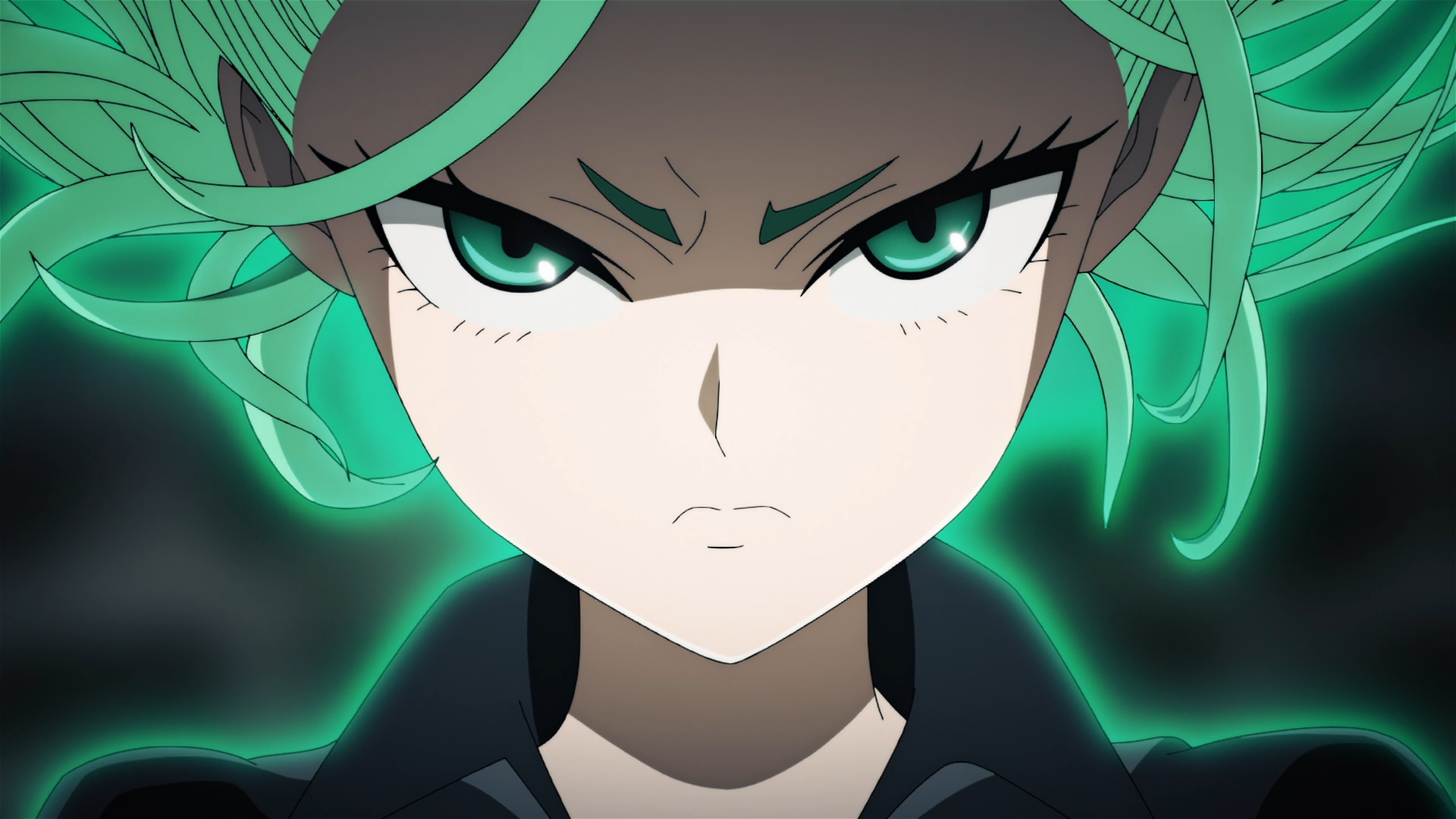 HD PC anime wallpaper: close-up of Tatsumaki (One-Punch Man) / Ruri Dragon with glowing teal hair, intense stare and a swirling psychic aura.