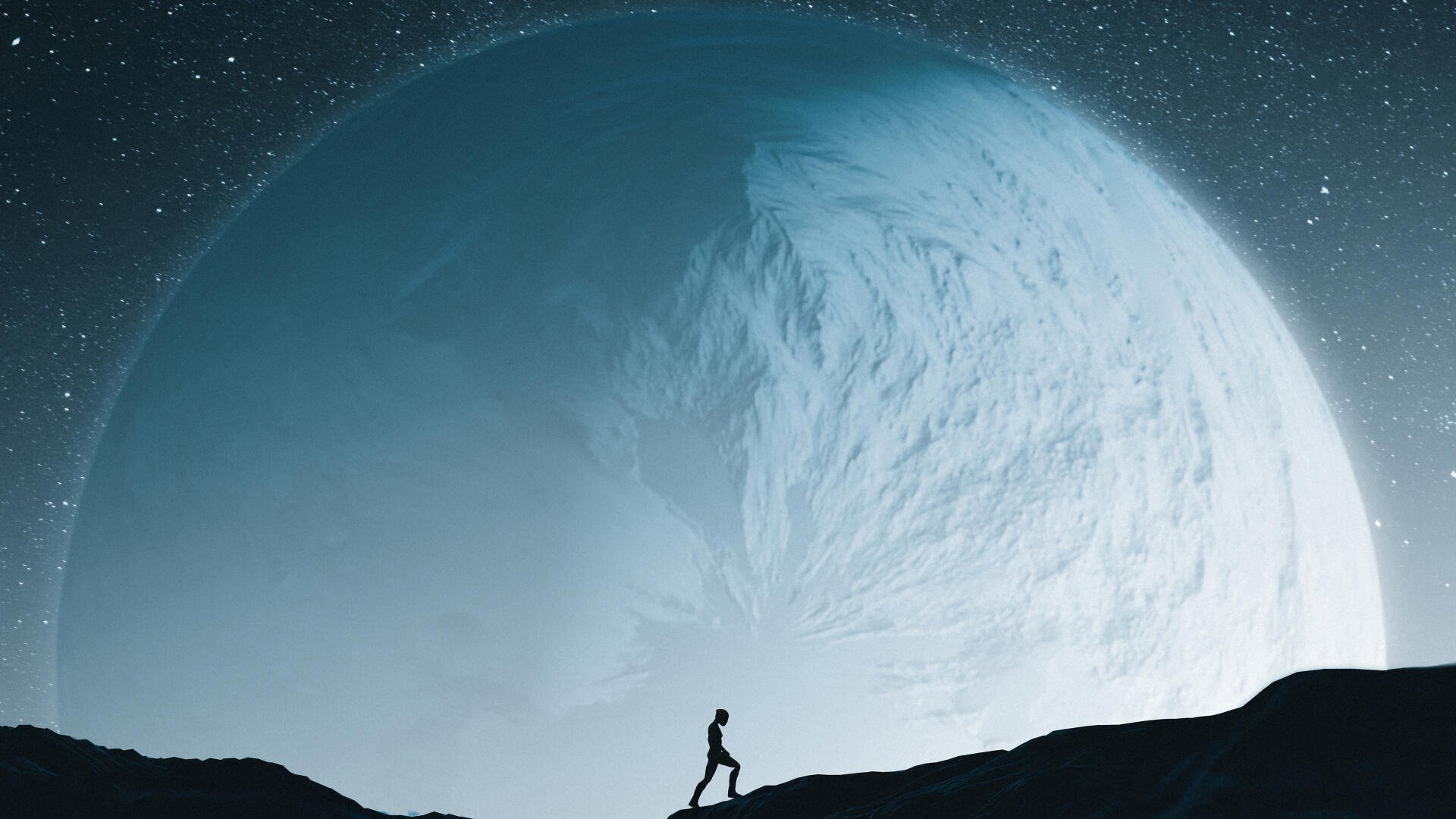 4K Ultra HD digital art PC desktop wallpaper: lone silhouette on a ridge gazes at a colossal moon against a starry space backdrop.