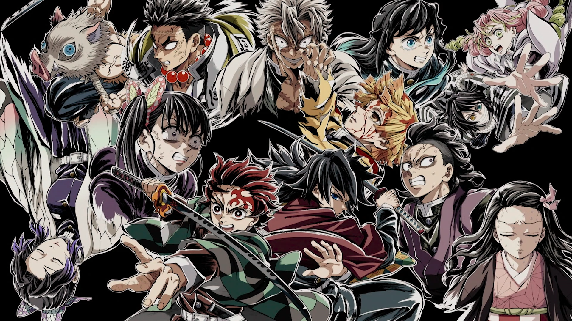 HD PC desktop wallpaper of anime Demon Slayer: Kimetsu no Yaiba — Demon Slayer: Kimetsu No Yaiba - The Movie: Infinity Castle, ensemble of characters in intense battle poses.