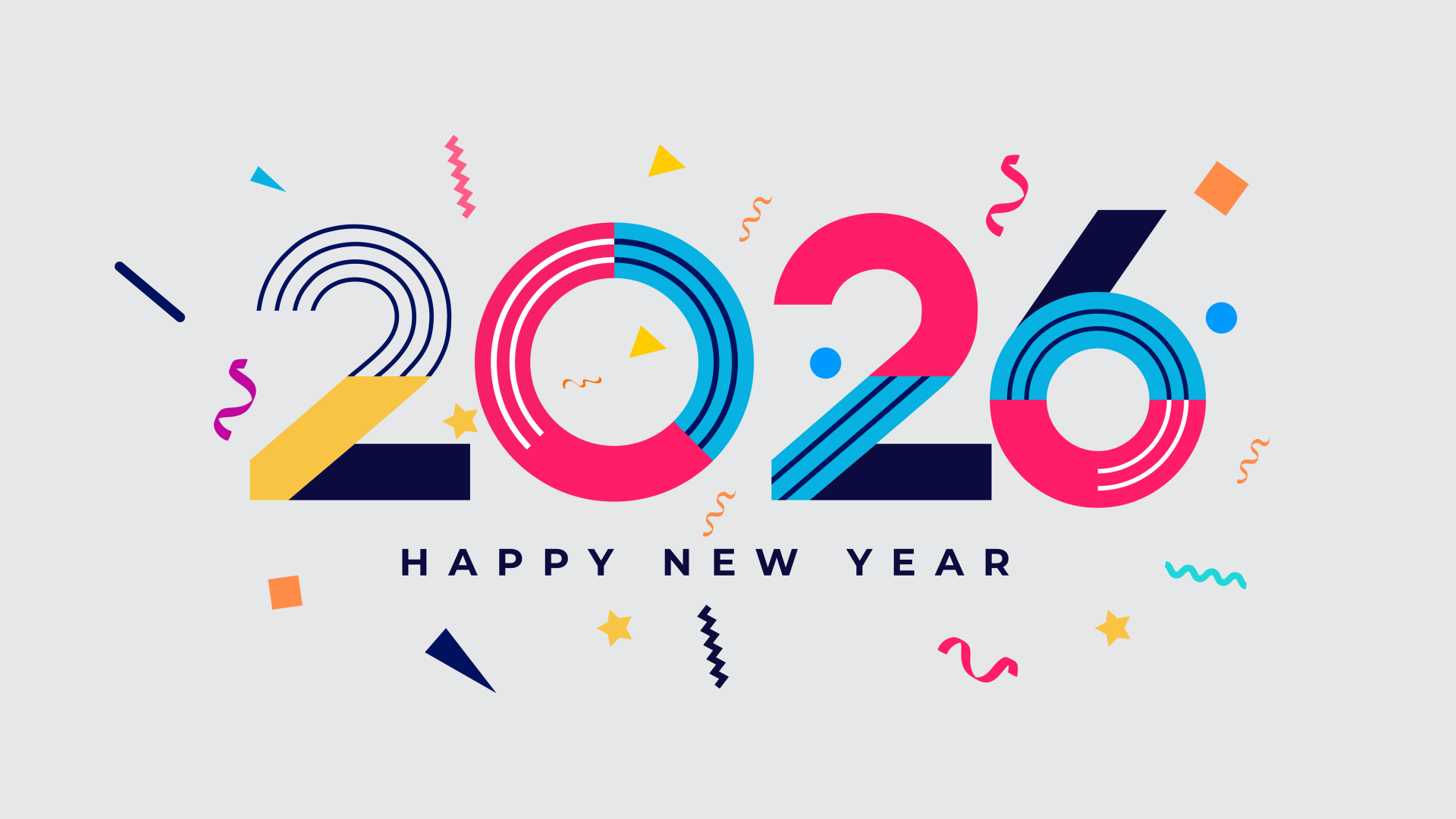 Vibrant 2026 graphic with confetti and Happy New Year lettering, labeled Happy New Year 2026 — 5K Ultra HD PC desktop wallpaper.