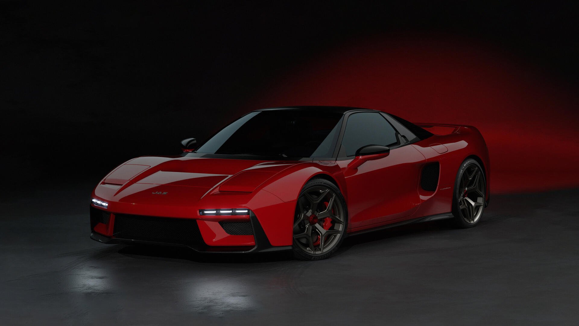 4K Ultra HD PC wallpaper showing a red JAS Tensei Pininfarina supercar on a reflective floor under dramatic red-black lighting.