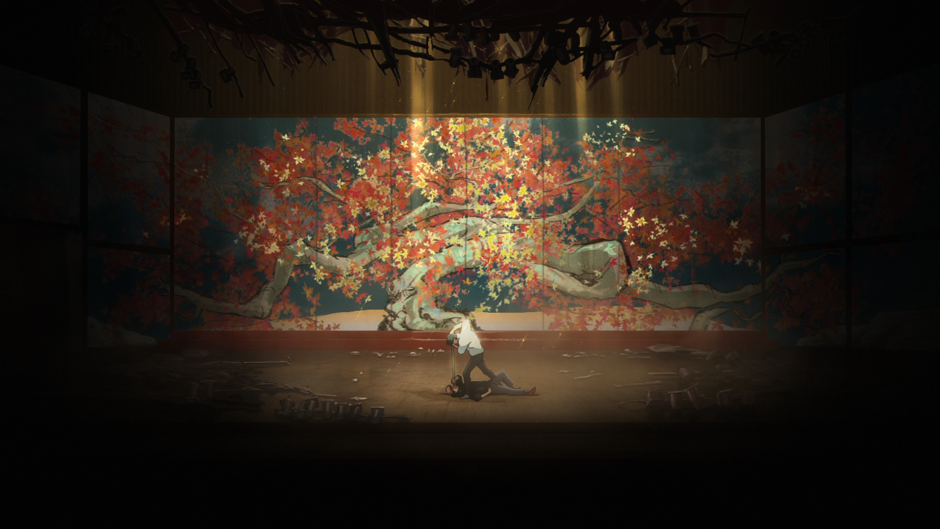 HD PC wallpaper of Jujutsu Kaisen — Yuta Okkotsu and Yuji Itadori on a dim stage before a glowing, ornate cherry‑blossom mural.