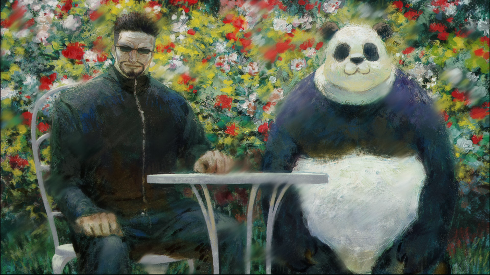 Anime Jujutsu Kaisen HD PC desktop wallpaper showing a serious man in dark clothes and a smiling panda seated at a small table against a vivid floral backdrop.
