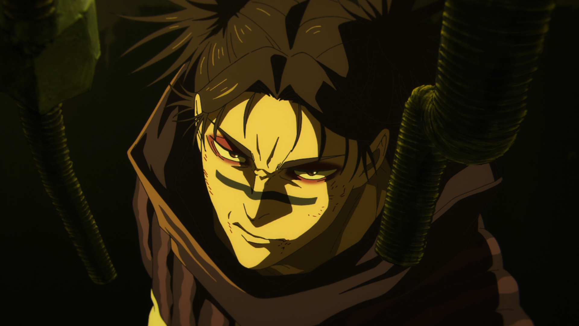 Choso (Jujutsu Kaisen) smirking in greenish-yellow light, wearing a dark cloak as shadowy tendrils frame his face — HD PC desktop wallpaper.