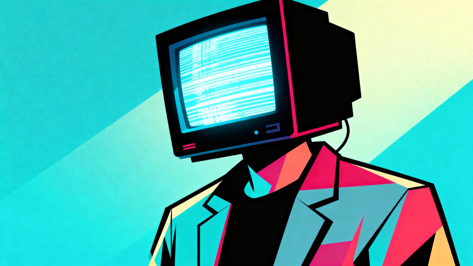 Sci-Fi 4K Ultra HD PC desktop wallpaper and background of a stylized figure in a colorful suit with a retro CRT TV head showing blue static against a teal and pale yellow geometric backdrop.