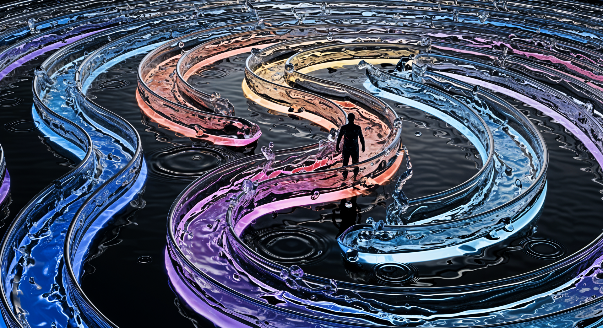 4K Ultra HD PC desktop wallpaper: silhouetted figure walks along glowing multicolored liquid ribbons curving over a reflective dark surface.