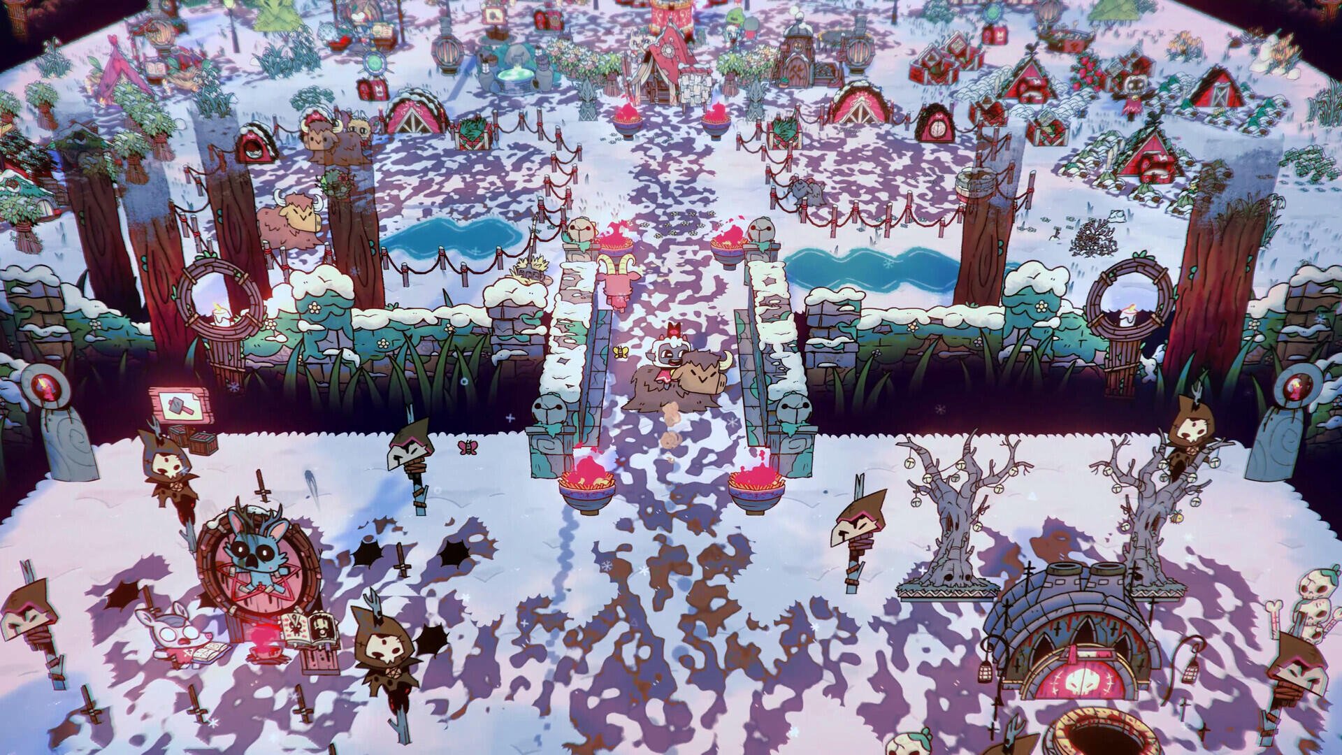 HD PC desktop wallpaper of Cult of the Lamb: Woolhaven — top-down snowy village with the Lamb and followers, shrines, wreaths, icy ponds, decorated trees and winding paths.